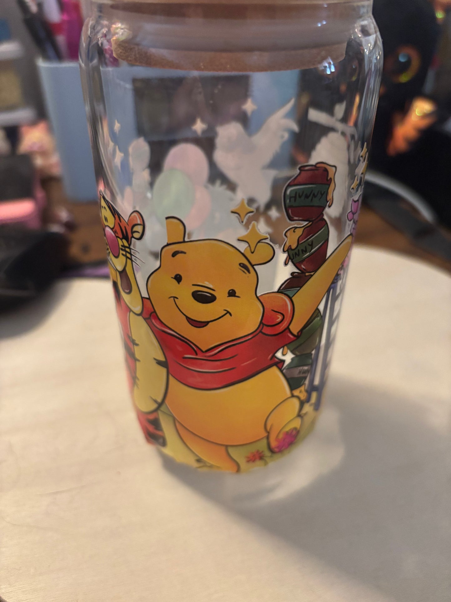 Pooh glass tiger with straw wooden lid small mistake on it reduced