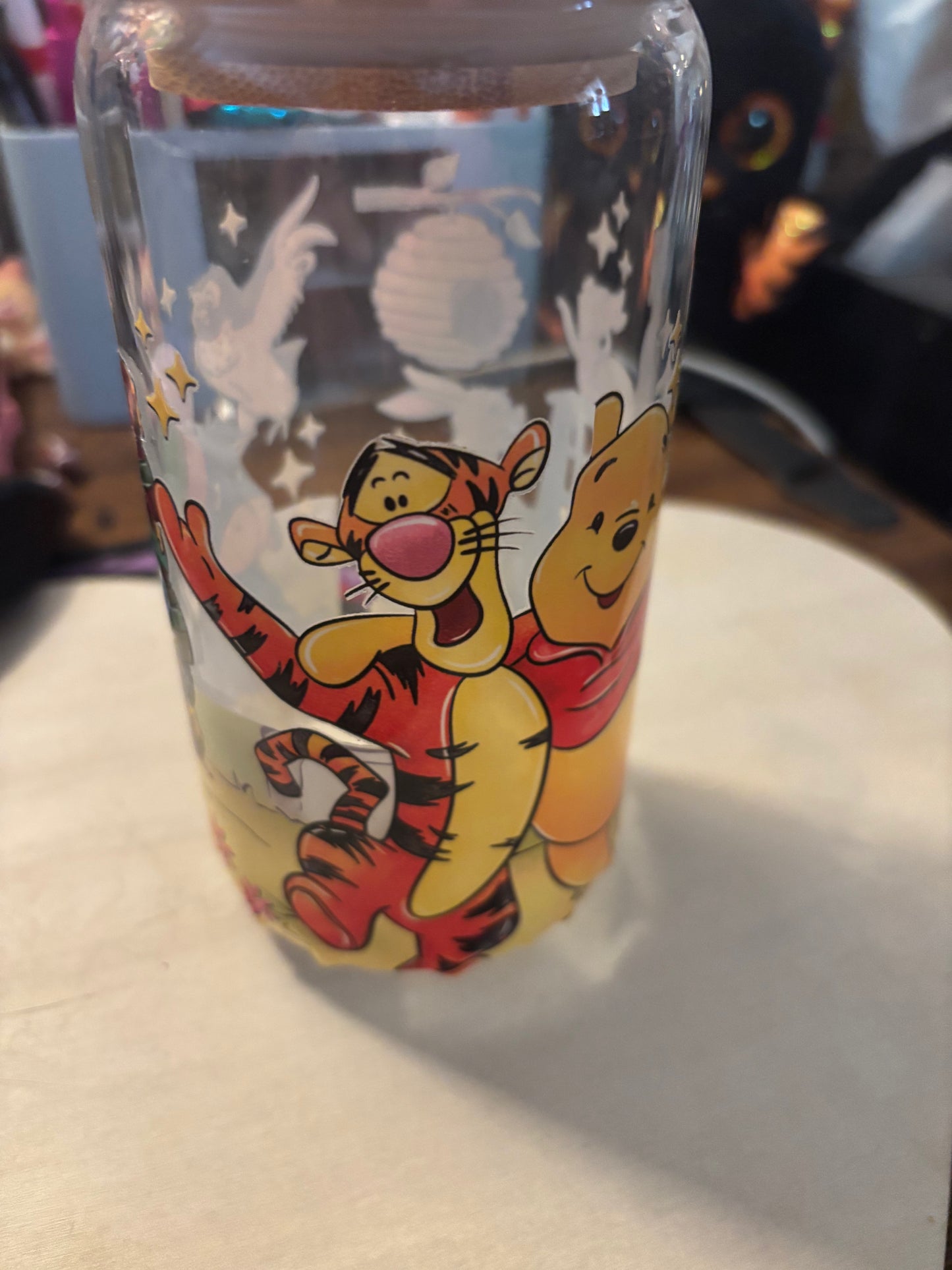 Pooh glass tiger with straw wooden lid small mistake on it reduced