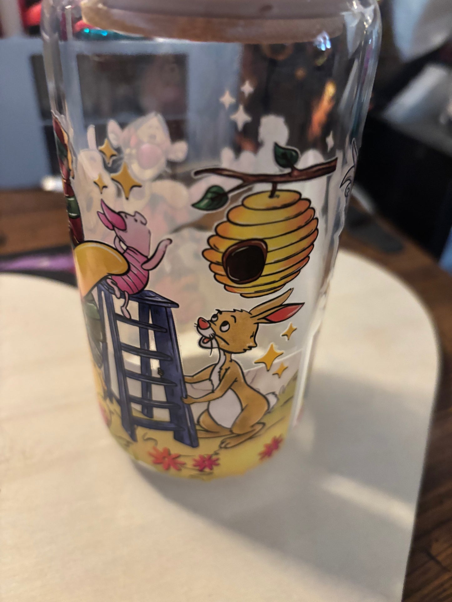 Pooh glass tiger with straw wooden lid small mistake on it reduced